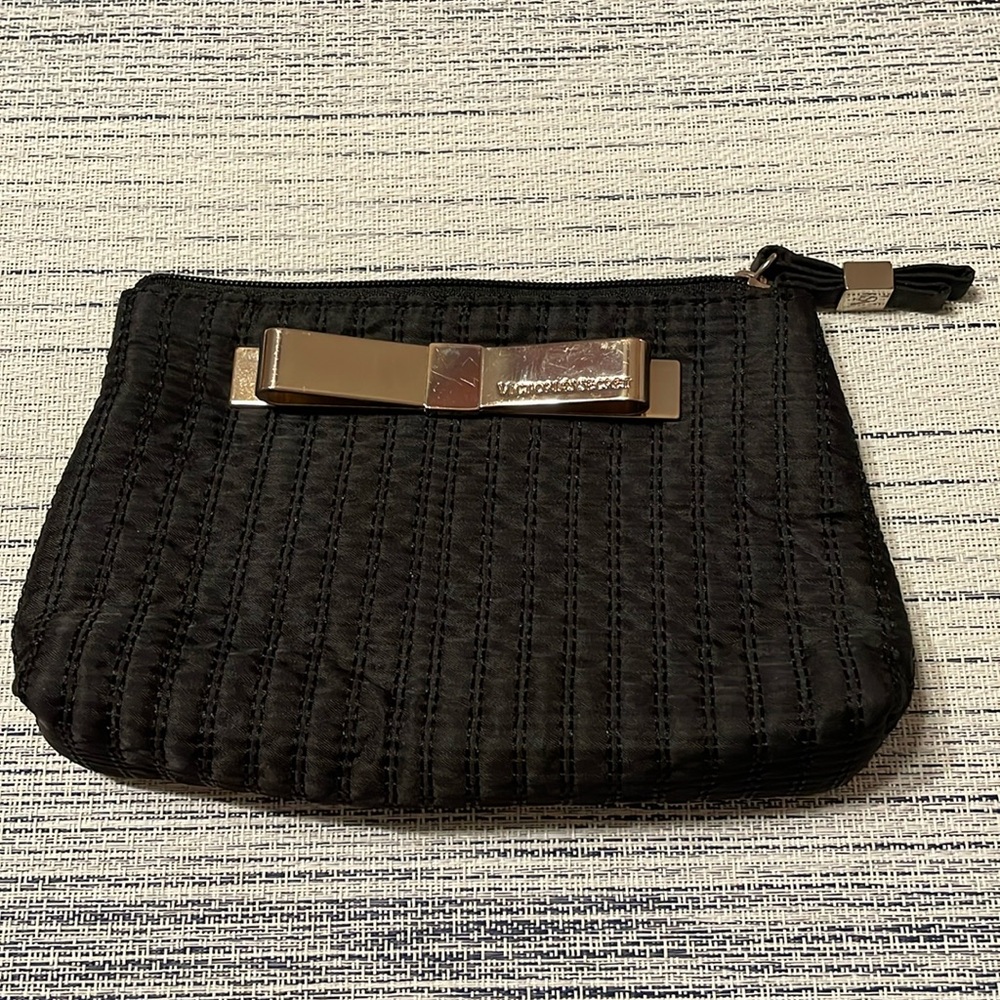 Victoria's Secret Black quilted fabric, Metal Gold Bow, Makeup bag/wristlet